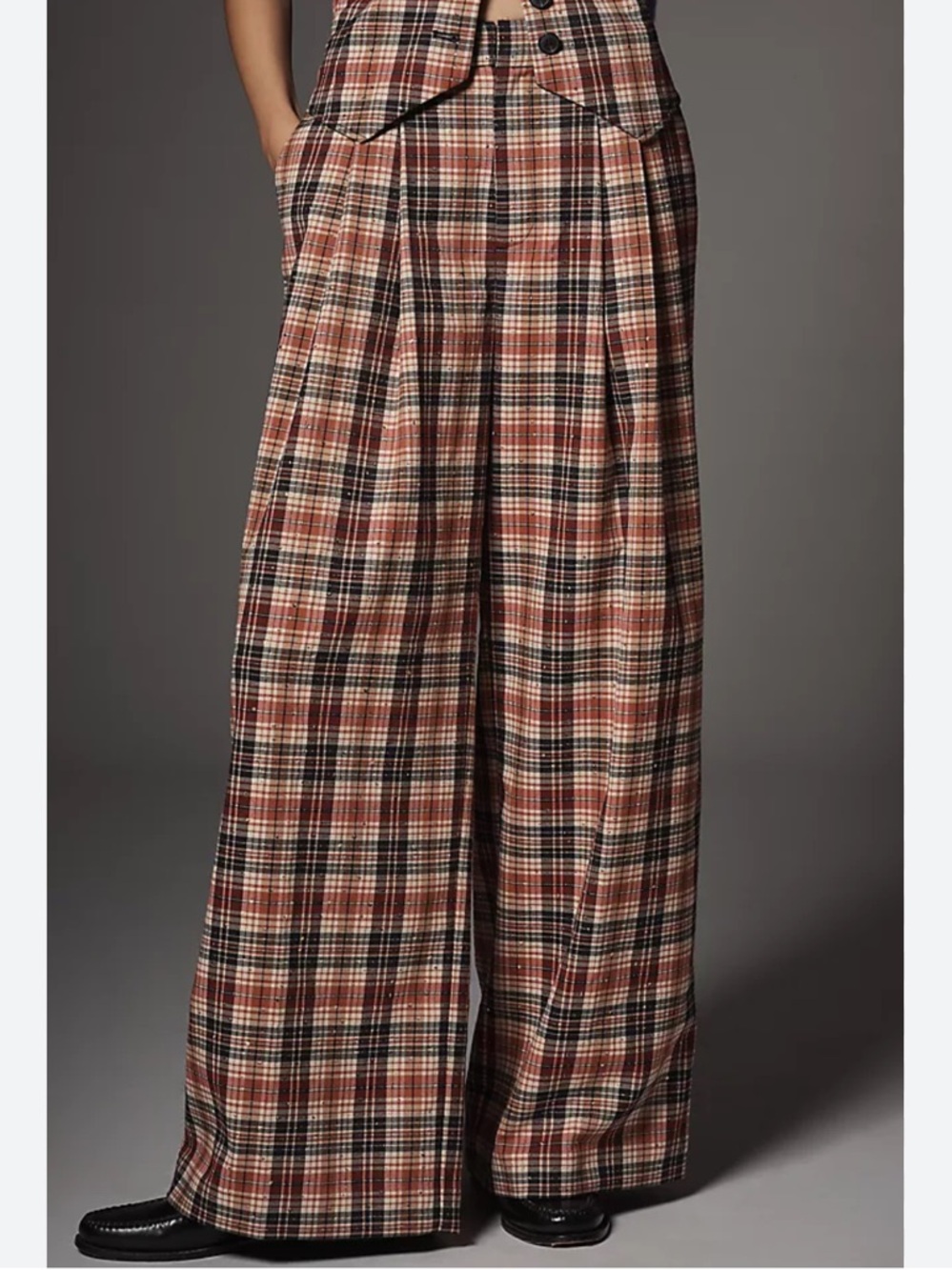 Anthropologie Maeve The Avery Sparkle Pleated Wide Leg Trousers Black Red Sz LP